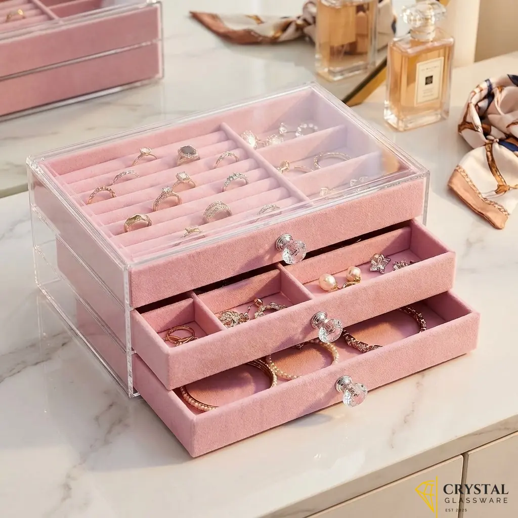 Acrylic jewelry organizer with three pink velvet drawers